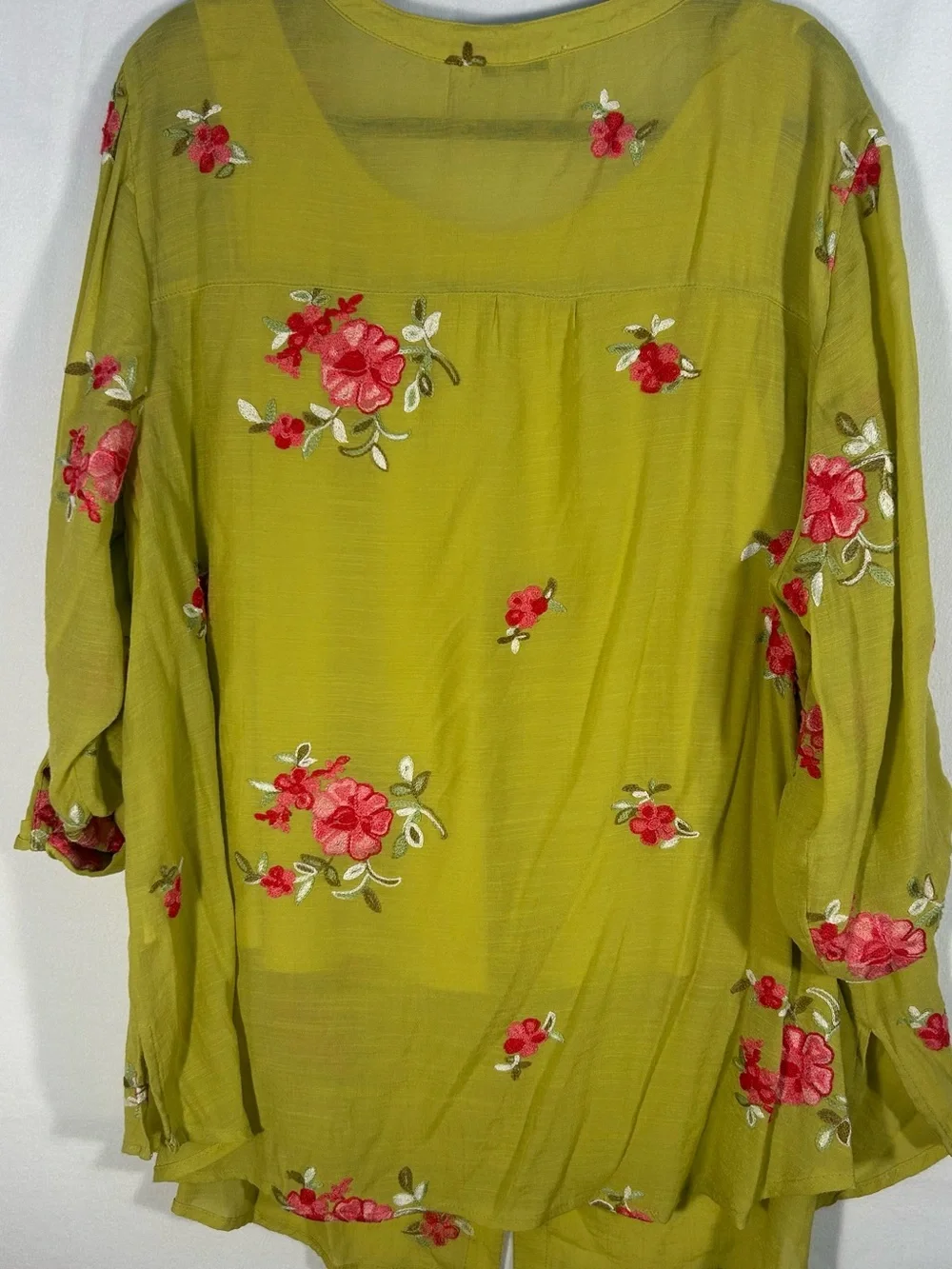 Embroidered Floral Button-Down Shirt in Chartreuse - Picture 8 of 9